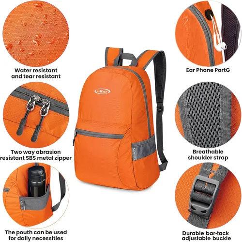 Miniatura 3 de G4Free Mochila ligera plegable de 20L, mochila de senderismo para viajes, mochila de día plegable para hombres y mujeres Naranja