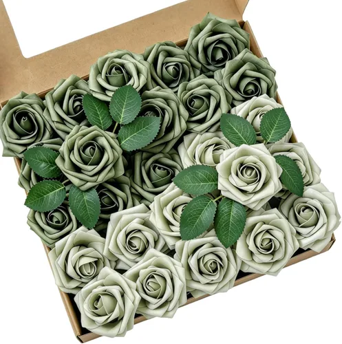 Miniatura 16 de Flores artificiales, 25 piezas, rosa artificial azul bebé para ramos de boda, centros de mesa, arreglos, flor falsa con tallos para decoración