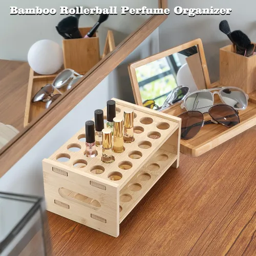 Miniatura 4 de ELLDOO Organizador de perfume Rollerball, soporte de almacenamiento de perfume de bambú para 24 espacios, soporte de aroma de belleza con asa