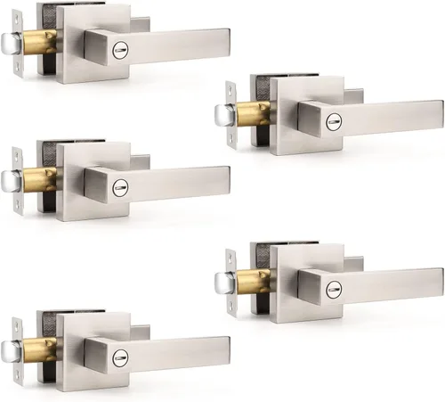 Gobrico - Paquete de 5 manijas cuadradas de níquel satinado para puerta con cerradura de privacidad, para dormitorio y baño, hechas de aleación de