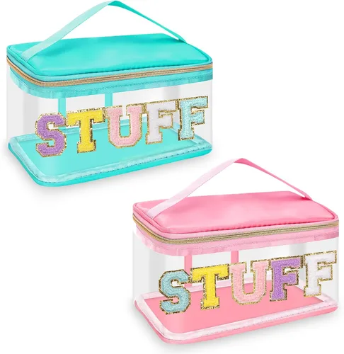 Miniatura 10 de izuzta Bolsas de maquillaje transparentes con letras de chenilla, bolsa de maquillaje de parche preppy con asa