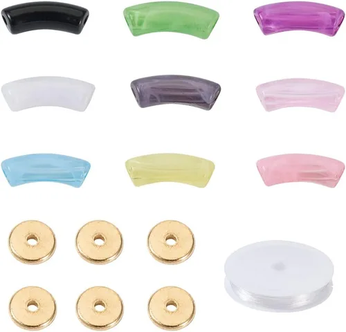 Miniatura 12 de 40 cuentas de tubo de imitación de piedras preciosas acrílicas, coloridas cuentas curvas acrílicas opacas gruesas con cuentas de disco espaciador
