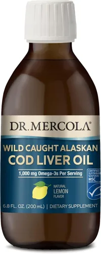 Dr. Mercola Aceite de hígado de bacalao de Alaska Wild Caught, 6.8 onzas líquidas (6.8 fl oz), 40 porciones, 1,000 mg de omega-3 por porción,