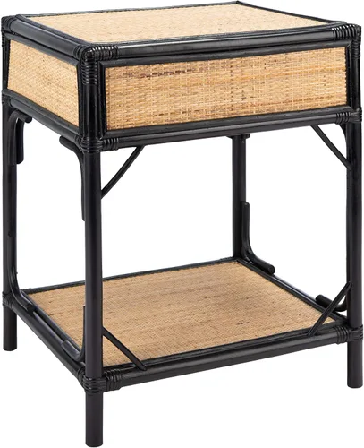 Miniatura 8 de SAFAVIEH Home Collection - Mesita de noche Roya negra y natural con cajón y estante, mesa de acento costera, marco estilo bambú y cajón de ratán