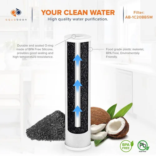 Miniatura 5 de Aquaboon Cartucho de filtro de carbono de 4,5 x 20 pulgadas, filtro azul grande CTO de cáscara de coco de 5 micrones, filtración de agua de pozo