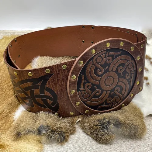Miniatura 5 de HiiFeuer Viking Cinturón ancho en relieve, cinturón nórdico de piel sintética con corsé de caballero, disfraz LARP de Halloween