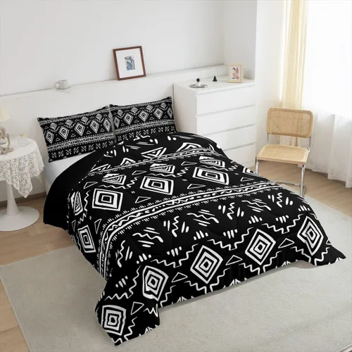Miniatura 5 de Erosebridal - Juego de ropa de cama estilo tribal bohemio azteca, edredón con estampado étnico blanco y negro, bohemio, tamaño King, juego de Multi