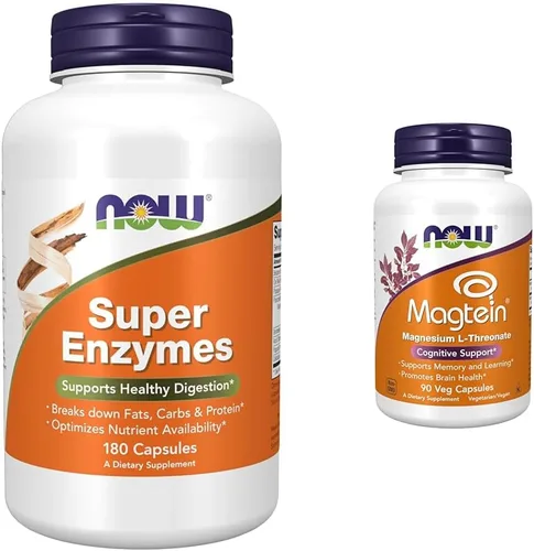 NOW Suplementos, Super Enzimas, Formulados con Bromelina, Bilie de Buey, Pancreatina y Papaína, 180 Cápsulas y Suplementos, Magtein™ con forma