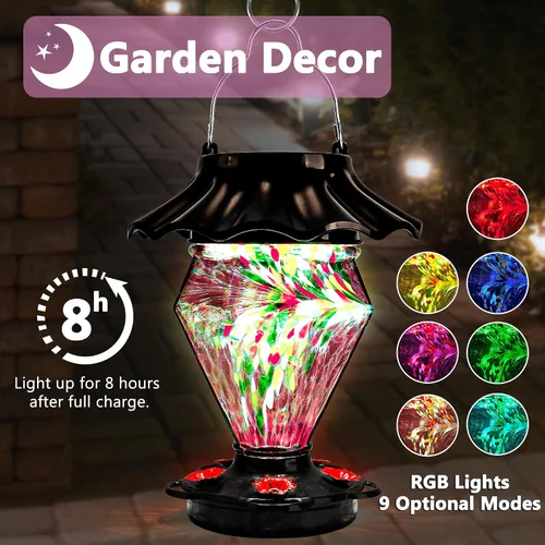Miniatura 2 de LUJII Alimentador solar para colibríes que cambia de color para colgar en exteriores, depósito de vidrio soplado a mano, 35 onzas líquidas, nunca