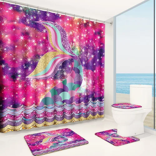 Miniatura 6 de Poedist Juego de 4 cortinas de ducha de baño, juego de baño para niños, juegos de cortinas de ducha espaciales con alfombras