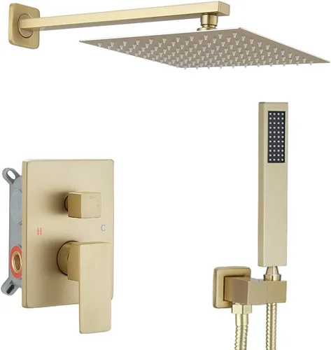 Miniatura 16 de Sistema de ducha dorado cepillado con cabezal de ducha de lluvia de alta presión de 20.3 cm, cabezal de ducha de mano, juego combinado de Oro