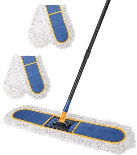 Trapeador de polvo comercial de 24 pulgadas para limpieza de suelos, plumero resistente con 2 almohadillas de algodón reutilizables, mango largo de