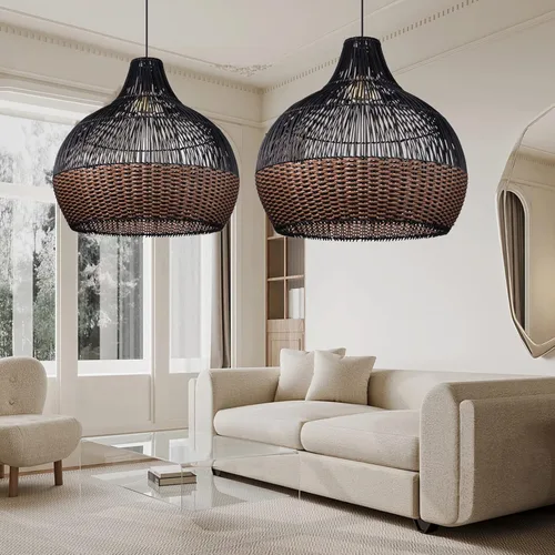Miniatura 10 de Arturesthome Luces Colgantes de Ratán Negro, Candelabro de Mimbre Boho Accesorio de Iluminación de Cesta, Lámpara Colgante Grande de Tejido Natural