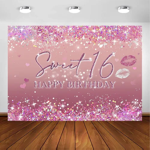 Miniatura 6 de Avezano Telón de fondo de cumpleaños de 16 años con purpurina para decoración de fiesta de cumpleaños, diamantes brillantes, oro rosa, morado