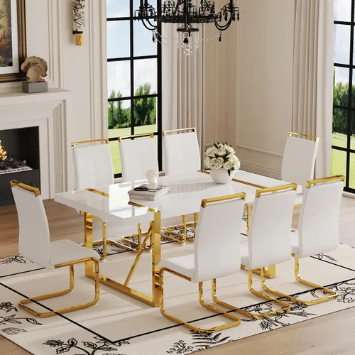 Miniatura 27 de Mesa de comedor Ebullient para 4, mesa de comedor rectangular negra de MDF, tapa de mesa de cena de mármol falso, mesa de comedor moderna con marco
