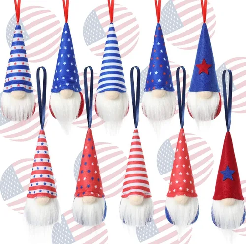 Miniatura 3 de Juego de 10 adornos colgantes para el Día de la Independencia del 4 de julio, gnomos patrióticos, hechos a mano, felpa, regalo del día