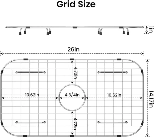 Miniatura 2 de Rejilla protectora para fregadero de 26-1/16" x 14-1/16", drenaje centrado con radio de esquina 3-1/2", material de acero inoxidable 304