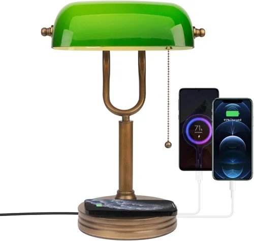 Miniatura 4 de Lámpara de Banco de Vidrio Verde, Lámpara de Escritorio Retro con Puerto de Carga Inalámbrica USB, Lámpara de Mesa con Cadena Clásica, para Mesita
