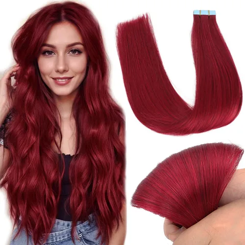 Miniatura 10 de Extensiones de cabello humano con cinta, color borgoña #99J, sin costuras, trama de piel, invisible, color rojo vino, extensiones de cabello lacio