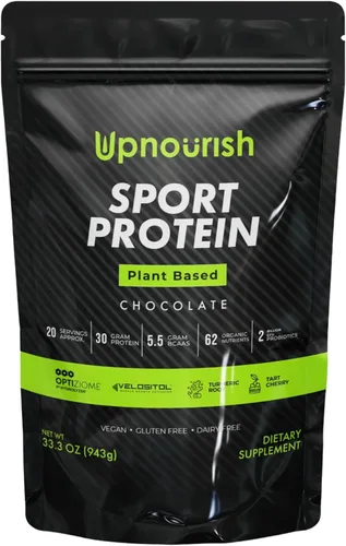 Proteína vegana deportiva en polvo de chocolate, 20 porciones, 1.06 oz de proteína a base de plantas, VELOSITOL, BCAAs, verduras y frutas orgánicas,