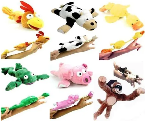 Muñeco de peluche de animal con tirachinas volador y gritos, lanza hasta 50 pies (- Juego completo de 6 piezas)