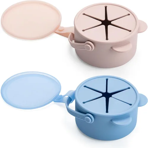 Miniatura 11 de Vasos de silicona antiderrames para niños pequeños – Recipientes portátiles para aperitivos para bebés con tapa a prueba de polvo – Vasos a prueba