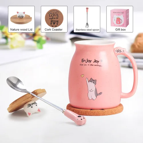 Miniatura 2 de Taza de café de cerámica con tapa de madera de gato Kawaii, encantadora cuchara de acero inoxidable, posavasos de madera gruesa de anime, taza Rosa