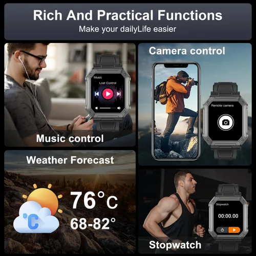 Miniatura 5 de Reloj inteligente para hombre, rastreador de ejercicio: relojes digitales militares para hombre, Bluetooth, responder llamadas, correr, impermeable