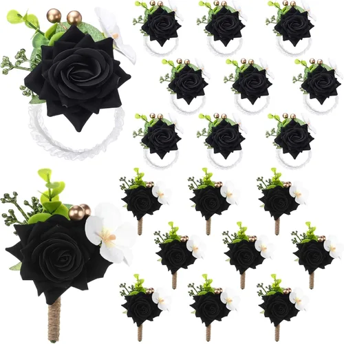 Sherr Juego de 20 ramilletes de rosas negras y boutonnier para boda, ramillete de flores para boda, pulsera de pulsera para novio, para hombre, flor