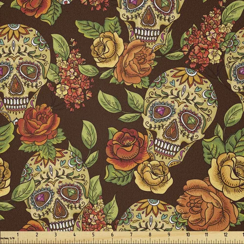 Miniatura 46 de Ambesonne The Yard, tela de calavera colorida con temática de Halloween, diseño de calavera y huesos cruzados, divertido estampado de dibujos
