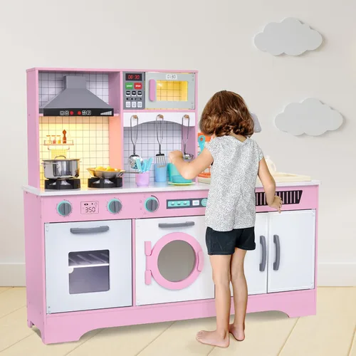 Miniatura 7 de Lil' Jumbl Cocina de madera para niños con fregadero de agua corriente real, juego de cocina interactivo con microondas, estufa, luces y sonidos Rosa