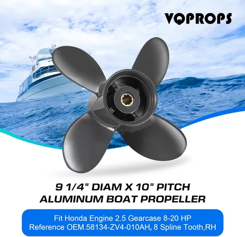 Miniatura 2 de La actualización del OEM 4 cuchillas 9 1/4x10 aluminio barco hélice cabida Honda Motores 8-20 HP 8 Spline dientes partes No.58134-ZV4-010AH, RH