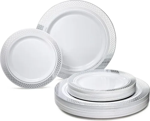 Miniatura 9 de OccasionS - Paquete de 100 platos (50 invitados) Juego de platos de plástico desechables de alta calidad para fiesta de boda, cena de 50 x 10.5