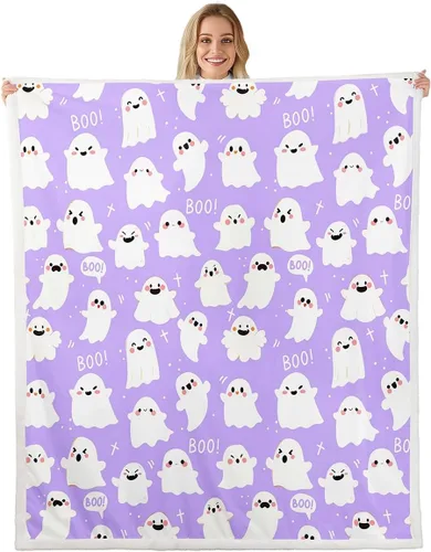 Miniatura 12 de Manfei Manta de fantasmas de Halloween con temática de Halloween para sofá, manta de cama rosa de Halloween para niños, niñas y adultos, decoración