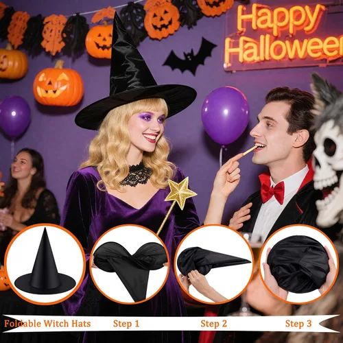 Miniatura 5 de Tepoobea Decoraciones de Halloween, sombreros de bruja negra, paquete de 8 sombreros de bruja colgantes y 32 piezas de murciélagos 3D, decoraciones