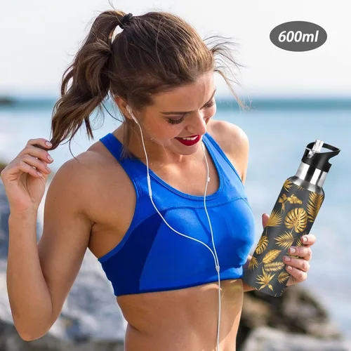 Miniatura 6 de Insulated Stainless Steel Water Bottle with Straw 20 Oz, BPA-Free Sports Water Bottle with Straw for Gym Outdoor Travel School, Tropical Leaves