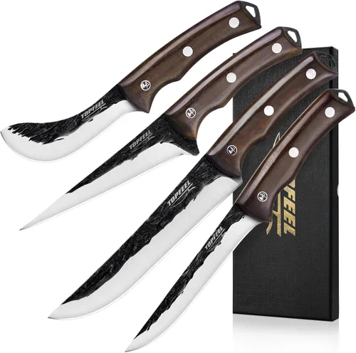 Topfeel Juego de 4 cuchillos de carnicero forjados a mano – Cuchillo rebanador, cuchillo deshuesador, cuchillos divisores, cuchillos peladores de