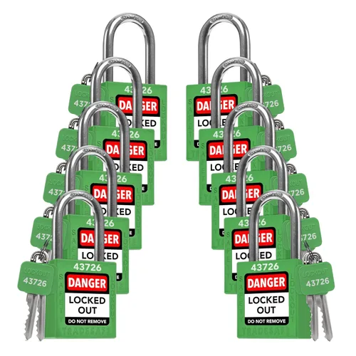 Miniatura 22 de TRADESAFE Juego de cerraduras de bloqueo - 7 candados iguales con llave roja, 2 llaves por cerradura, cerraduras Loto compatibles con OSHA