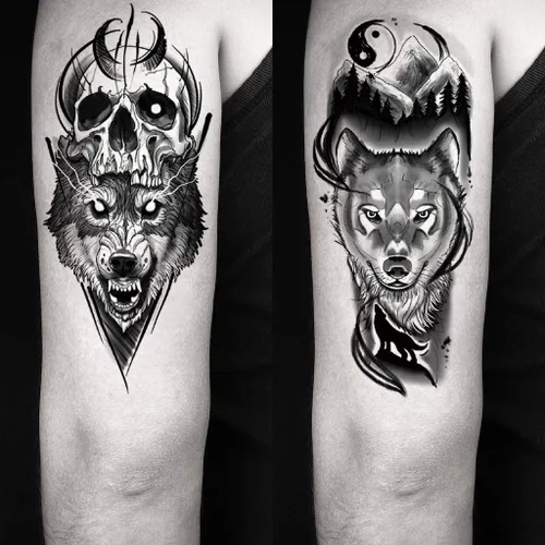 Miniatura 6 de 8 hojas lobo taichi tótem cráneo luna bosque flor brazo pierna tatuaje temporal XQB-07