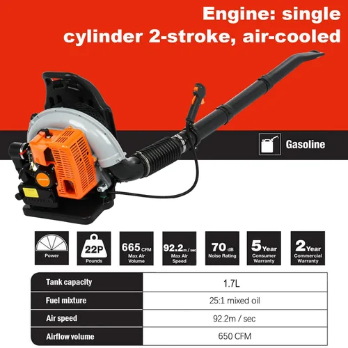 Miniatura 9 de Soplador de hojas de mochila, 63CC 665 CFM 3HP Motor de 2 tiempos soplador de hojas de gas, soplador de hojas de gas de alta resistencia, soplador