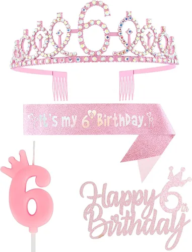 Miniatura 42 de Decoraciones de cumpleaños número 7 para niña, que incluyen corona/tiara de cumpleaños número 7, banda, adorno para pastel de cumpleaños y velas