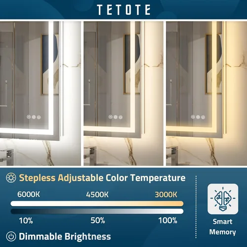 Miniatura 3 de TETOTE Espejo de tocador LED de 48 x 24 pulgadas, espejo de baño iluminado con función regulable y antiniebla, espejo de maquillaje con luces