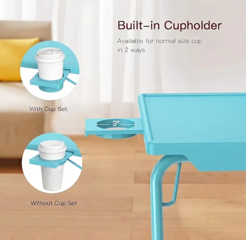 Miniatura 6 de HUANUO Mesa ajustable para TV – Bandeja de cena de TV con portavasos en la cama y el sofá, cómoda mesa plegable con 6 ajustes de altura y 3 ángulos