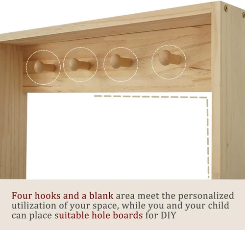 Miniatura 8 de Estantería de madera para niños, estante de montaje en pared con ganchos, organizador para juguetes y libros, ahorro de espacio con ganchos