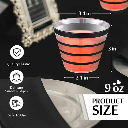 Miniatura 2 de Gejoy 50 vasos de plástico a rayas negras de 9 onzas, desechables a granel, vasos de plástico duro para beber, vasos para bodas, reuniones, Negro