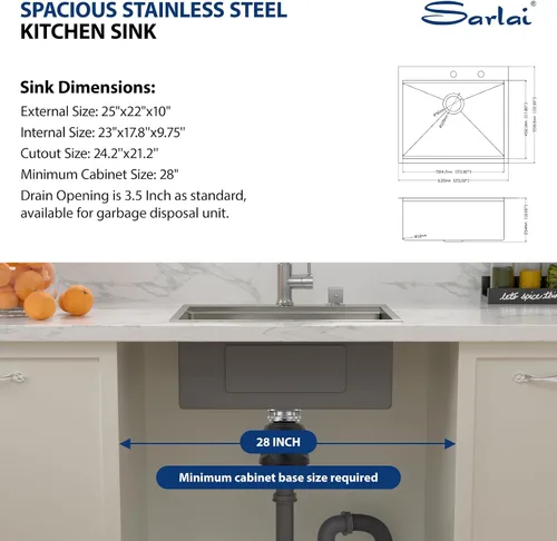Miniatura 8 de Sarlai - Fregadero de cocina de 25 pulgadas, estación de trabajo con caída, de 25 x 22 pulgadas, de montaje superior, estante de acero inoxidable