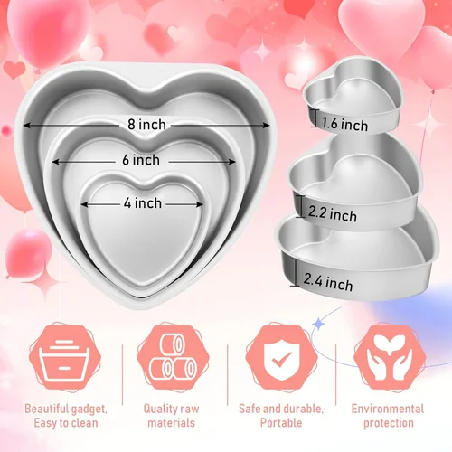 Miniatura 2 de Mifoci 3 moldes de aluminio con forma de corazón para tartas, molde para hornear en forma de corazón, para bricolaje, cocina, boda, fiesta