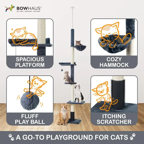 Miniatura 4 de BOWHAUS Árbol para gatos de piso a techo, altura ajustable de 104 a 115 pulgadas, torre de escalada para gatos de varios niveles con rascador