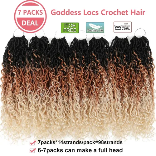 Miniatura 2 de Cabello de ganchillo Goddess Locs rubio degradado de 18 pulgadas, 7 paquetes de Faux Locs de tres tonos con extremos rizados, cabello de ganchillo