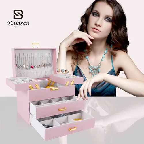 Miniatura 7 de Dajasan Cajas de joyería para mujeres y niñas, organizador de almacenamiento de joyas, 4 capas, caja organizadora de joyas grande con 2 cajones
